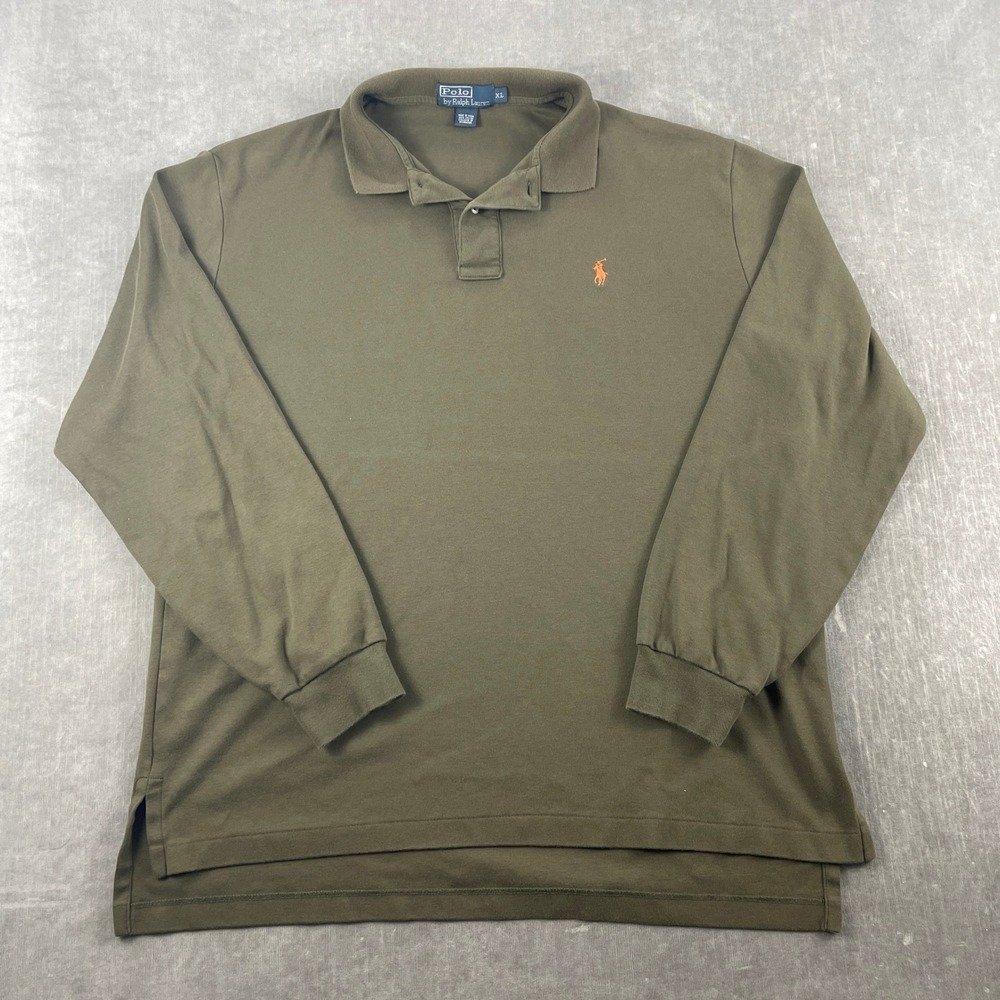 Polo Ralph Lauren Mens XL Olive Green Long Sleeve Polo Shirt Orange Pony Logo
